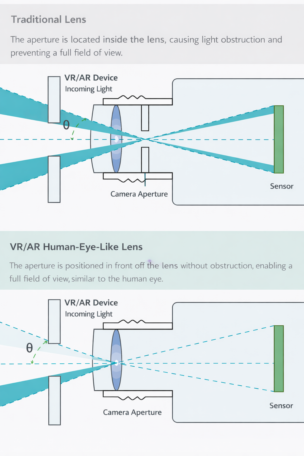 傳統鏡頭與仿人眼鏡頭的光路對照示意