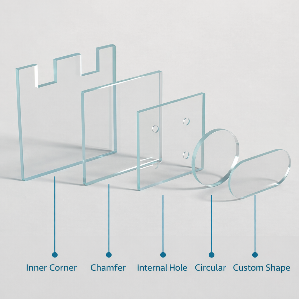 切割形狀示意：內嵌角、倒角、打內孔、圓形、任意弧形